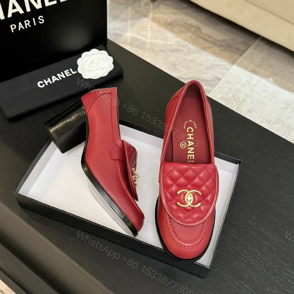 View 3 of Red Leather Quilted Loafers with Gold Crest, Luxe Everyday Elevation