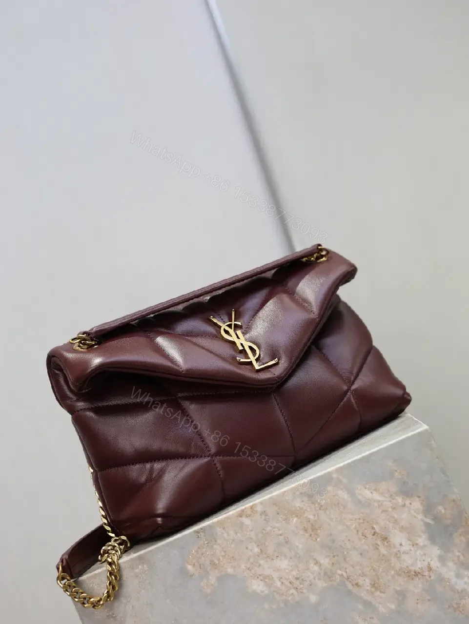 View 5 of Quilted Burgundy Crossbody: Gold-Hardware, Sleek Style