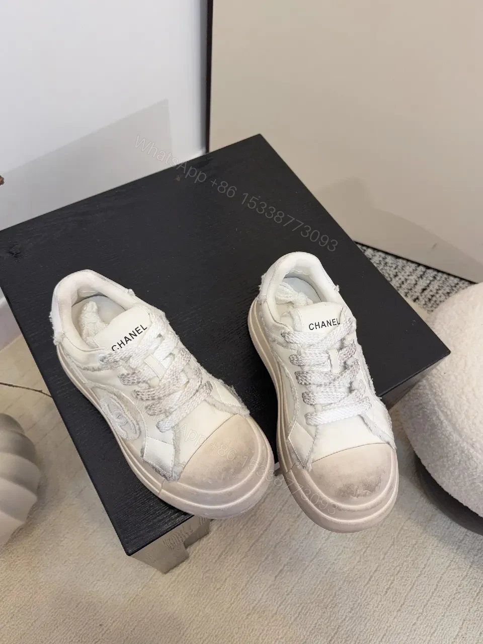View 5 of White Leather Chunky Sneaker with Textured Panels, Signature Stitching