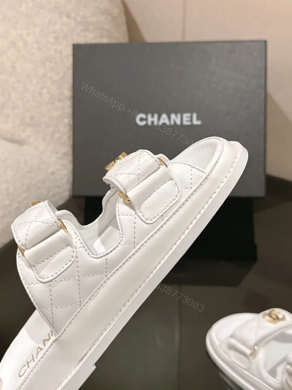 View 4 of White Leather Slides with Gold Accents - Luxe Comfort Slip-Ons