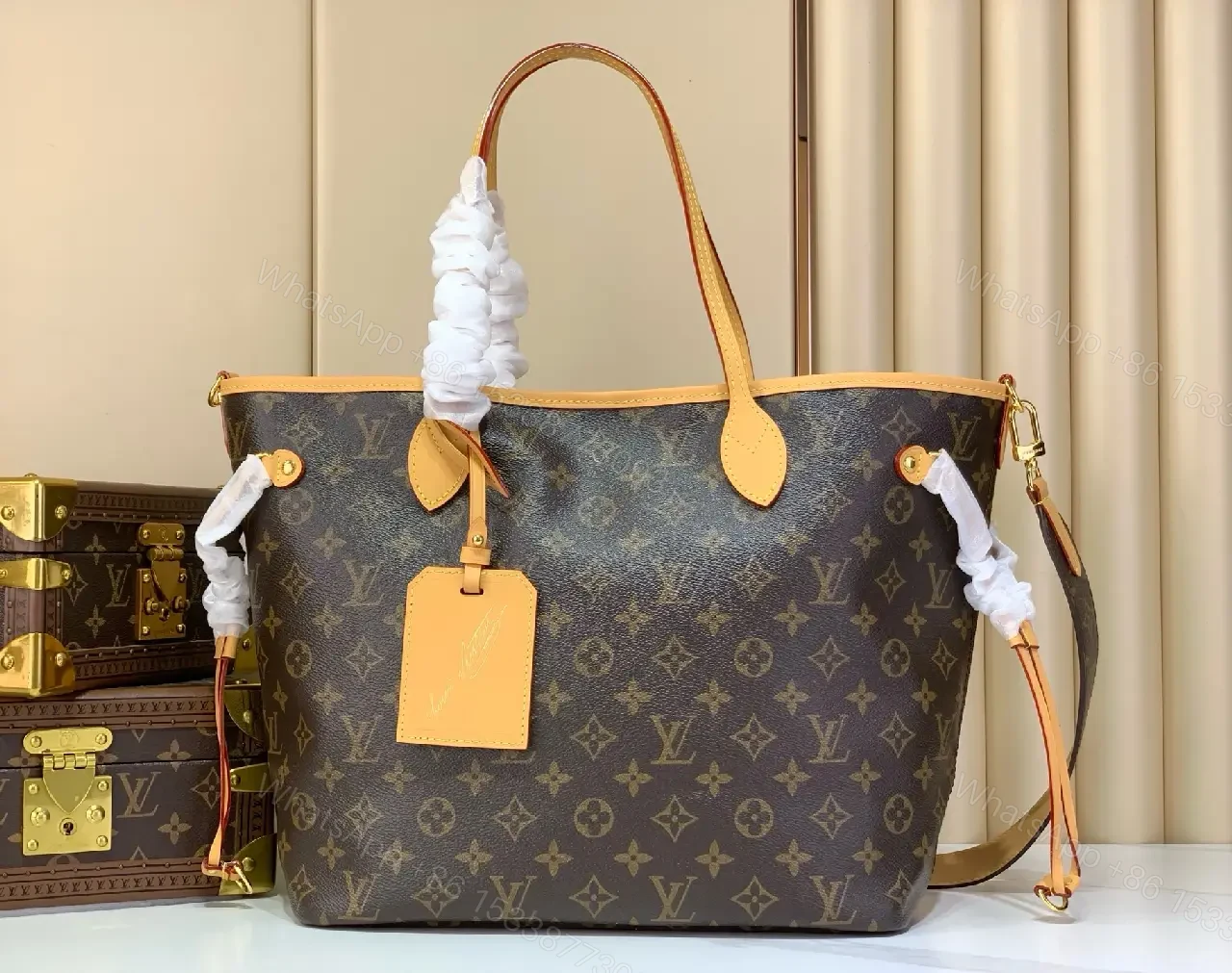 View 8 of Dark Brown Canvas Tote with Monogram Pattern and Leather Trim