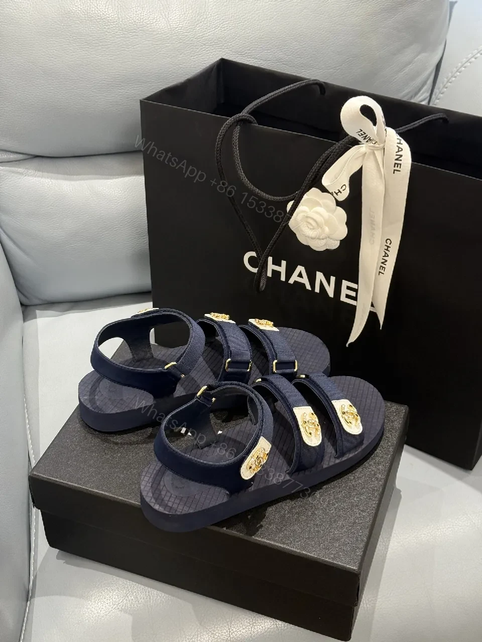 View 2 of Navy Leather Sandals with Gold Accents, Luxe Casual Style