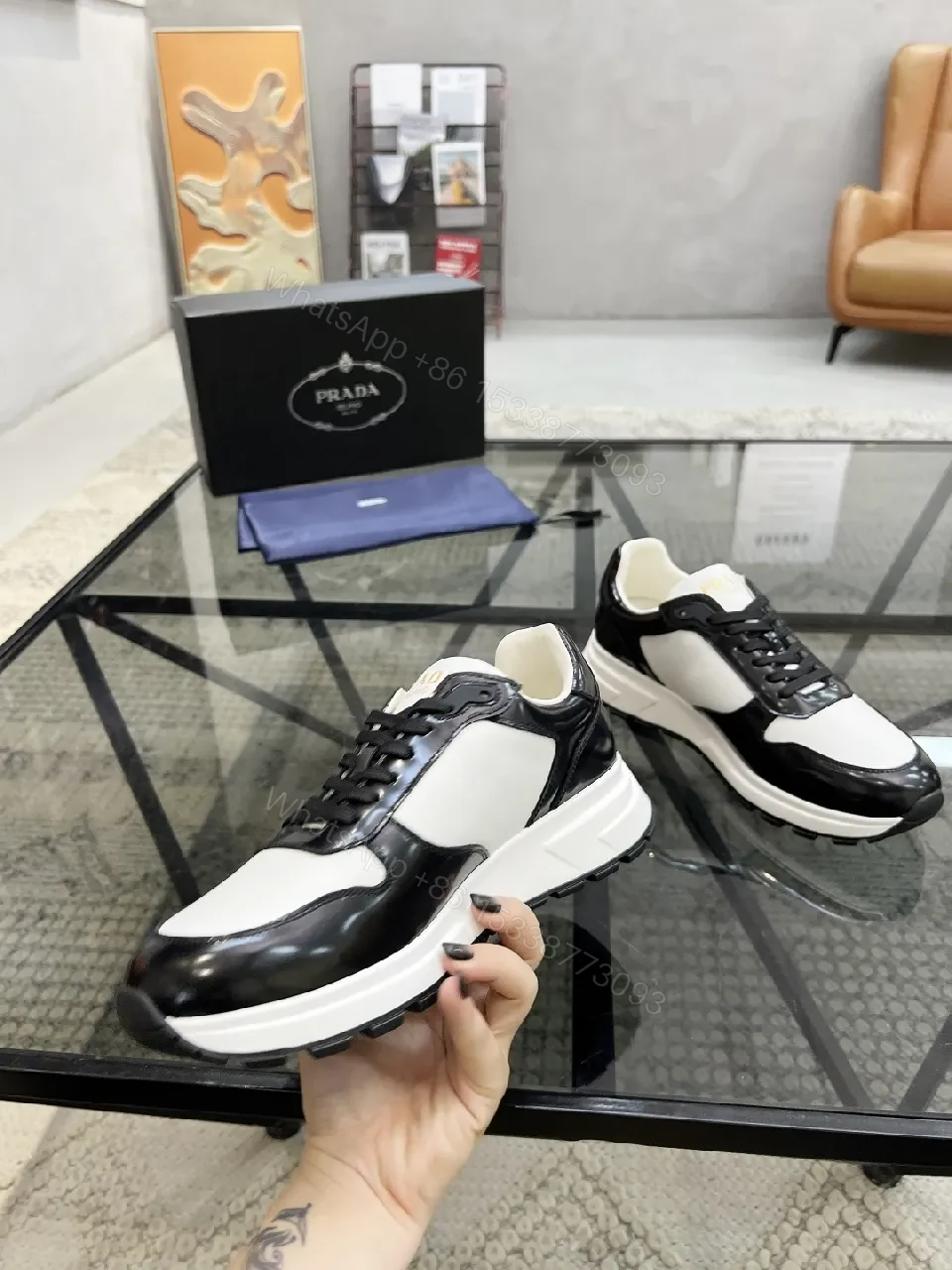 View 7 of Black & White Leather High-Tops with Prada Detailing - Luxe Comfort