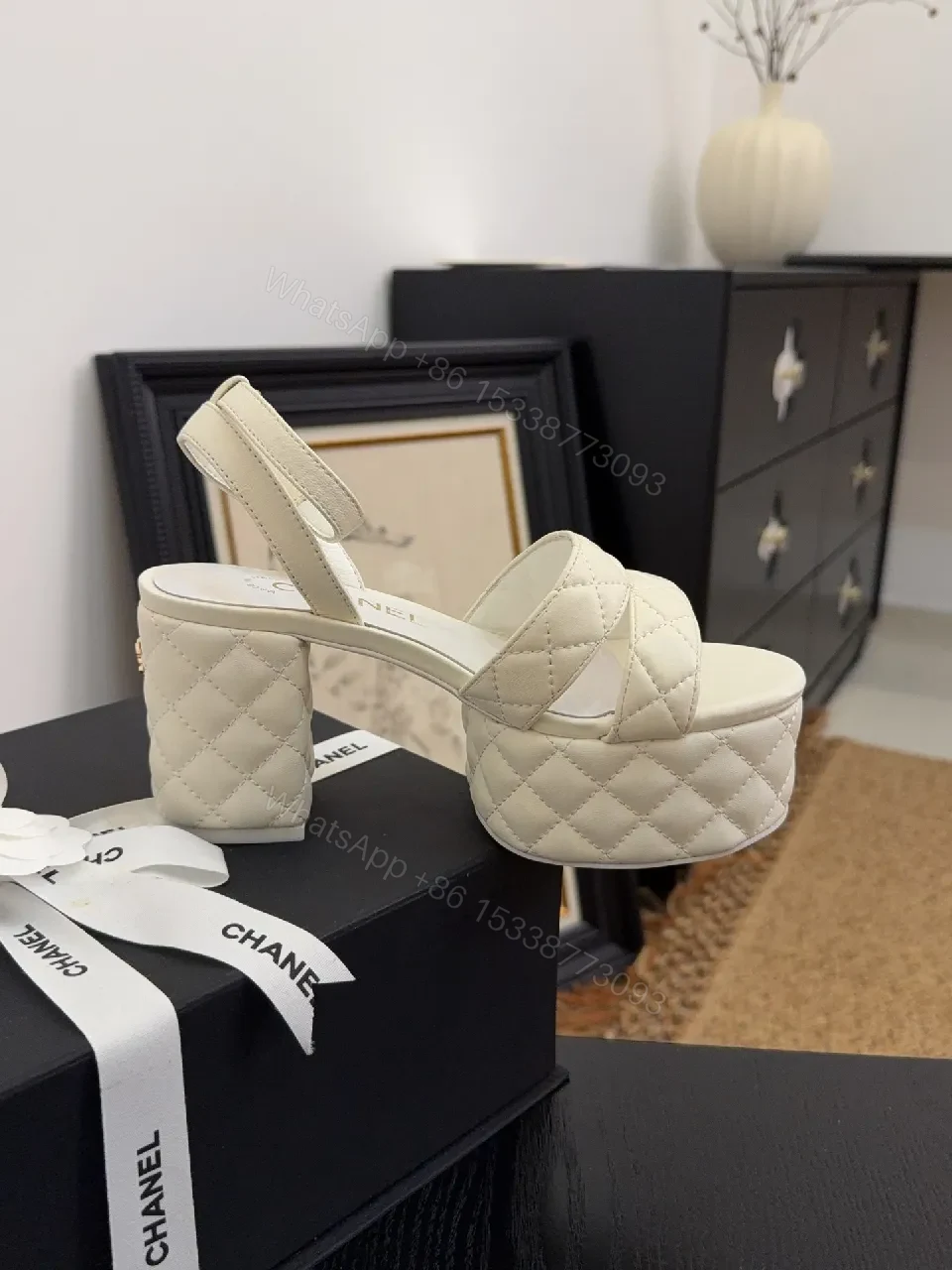 View 3 of Quilted Platform Sandals – Ivory, Gold Hardware, Comfortable Elevation