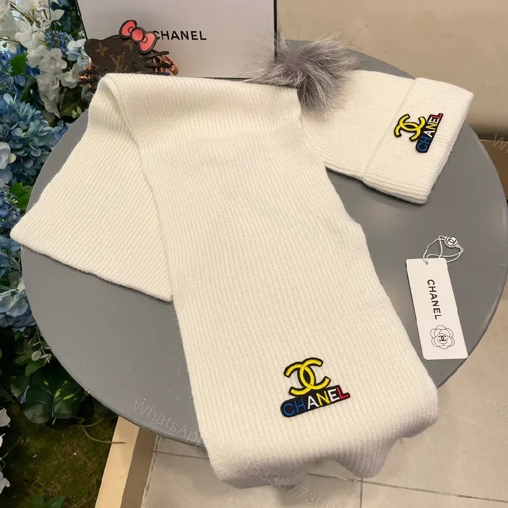 View 6 of Ivory Knit Scarf & Beanie Set: Subtle Designer Emblem