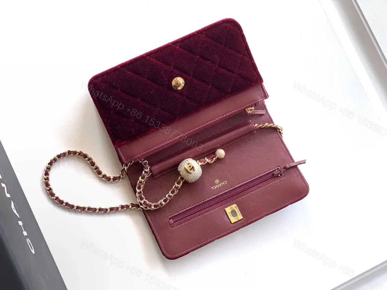 View 9 of Velvet Crossbody Bag: Burgundy, Gold Hardware, Quilted Chic