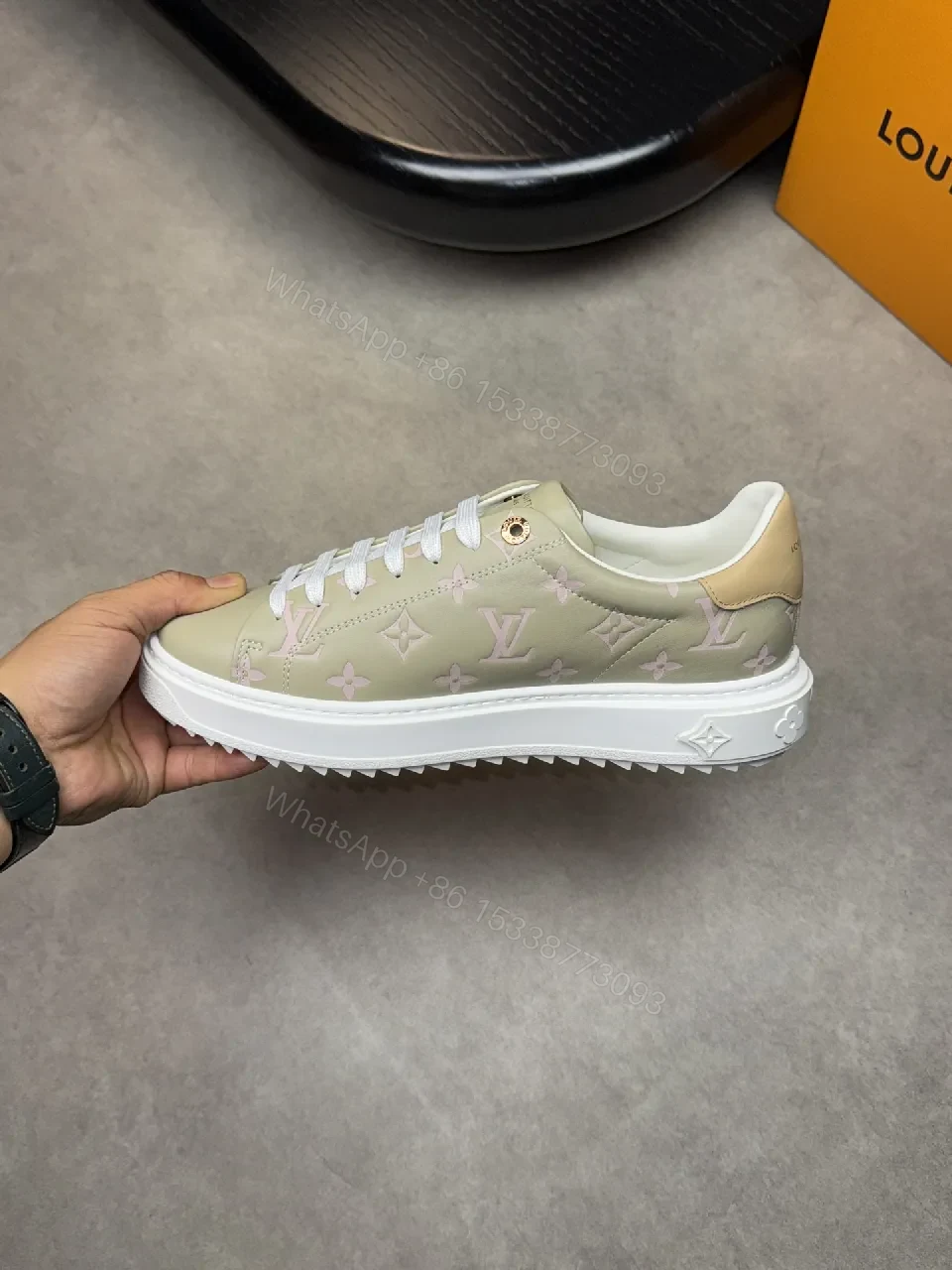View 4 of Taupe Monogram-Accent Low-Top Sneakers with Subtle Shine