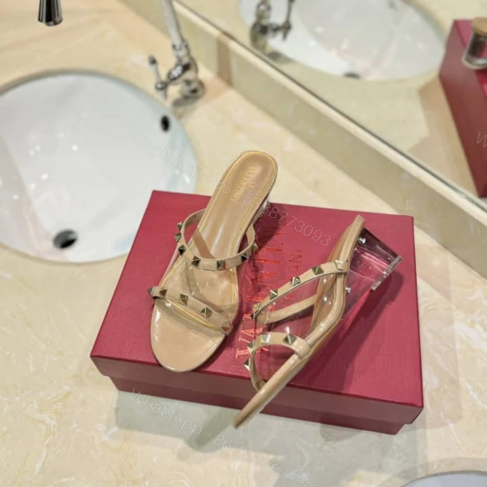 View 4 of Valentino Garavani Rockstud Skin Heeled Sandals Beige