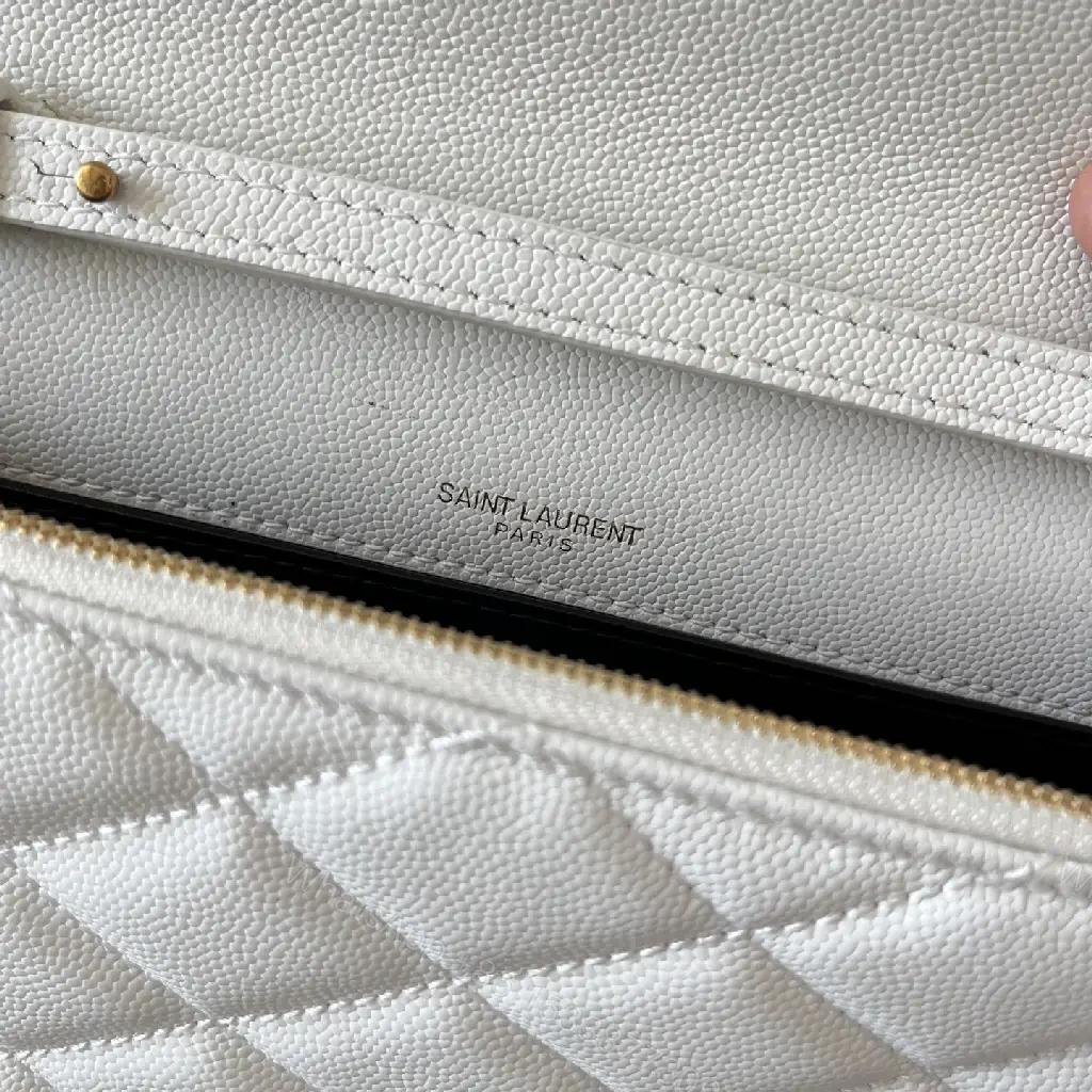 View 9 of White Quilted Leather Compact YSL Crossbody Bag with Gold Logo