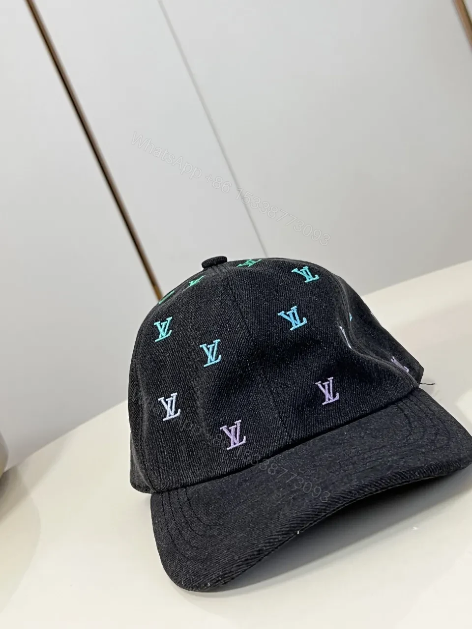 View 2 of Denim Cap with Multicolor Monogram Accent, Unisex