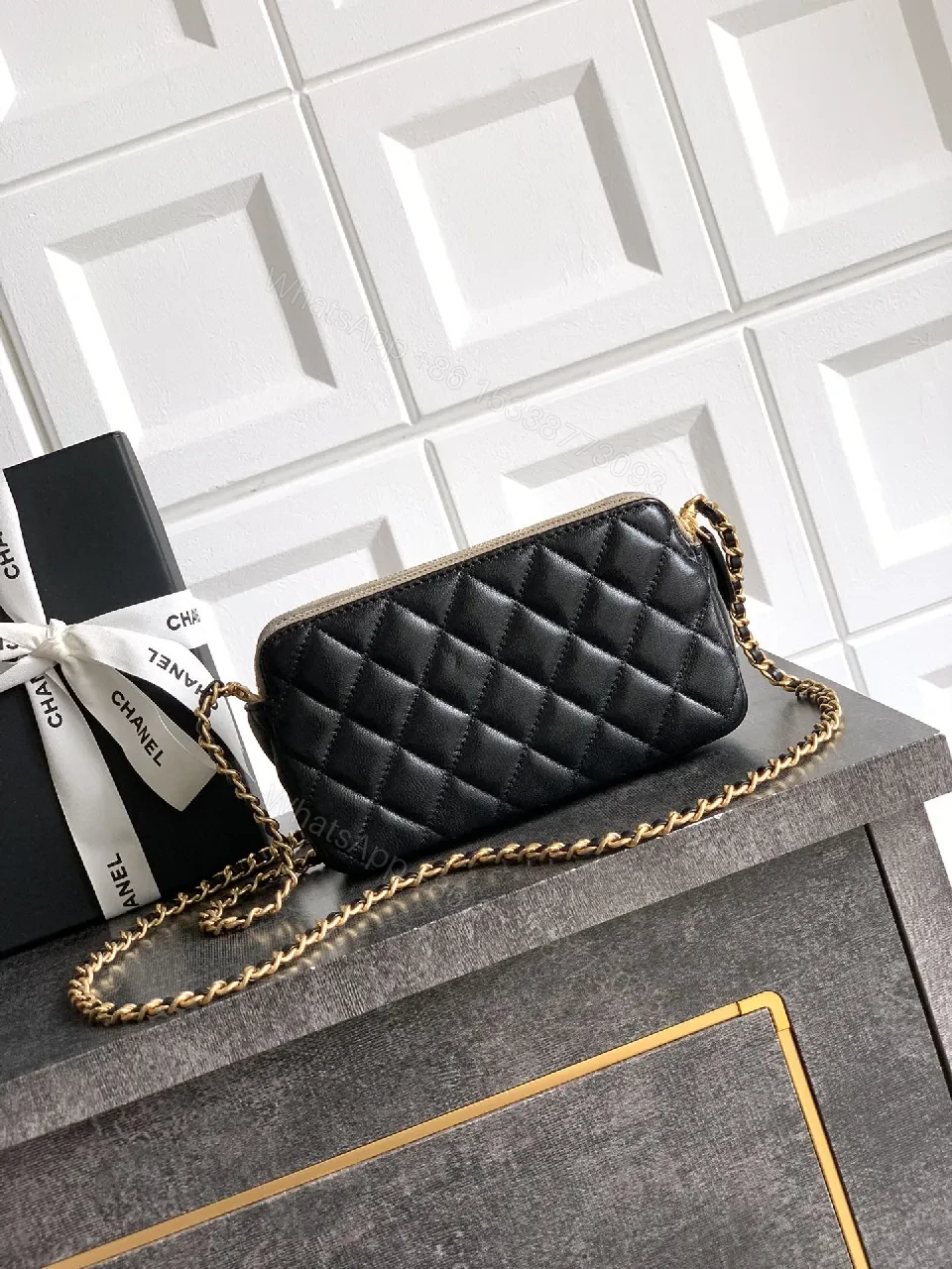 View 9 of Quilted Leather Shoulder Bag: Gold Emblem, Two-Tone