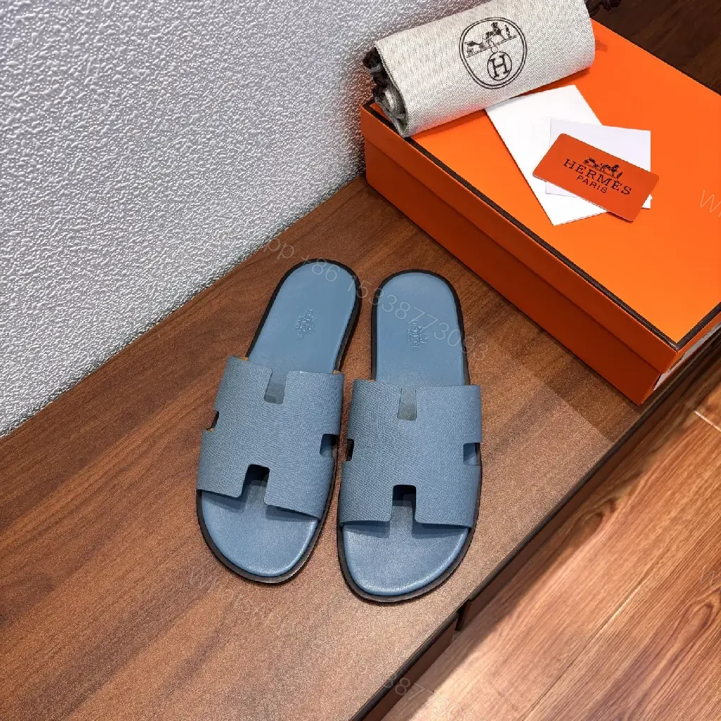 View 2 of Blue Leather Slipper Sandals, Modern Hermes-Style, Matte Finish Slide