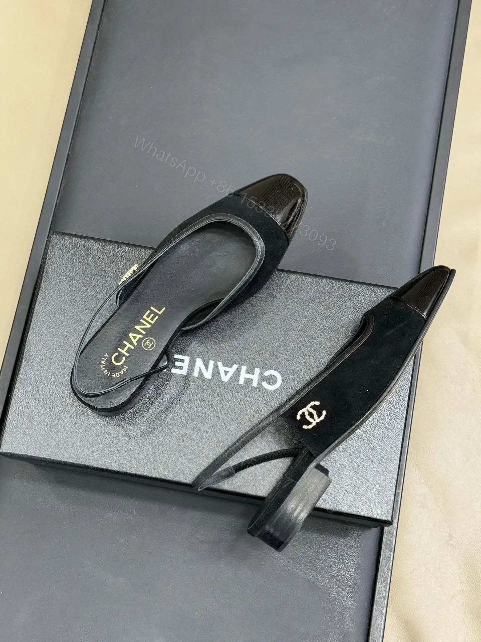 View 3 of Black Suede Slingback Sandals with Patent Toe Cap – Elegant Comfort