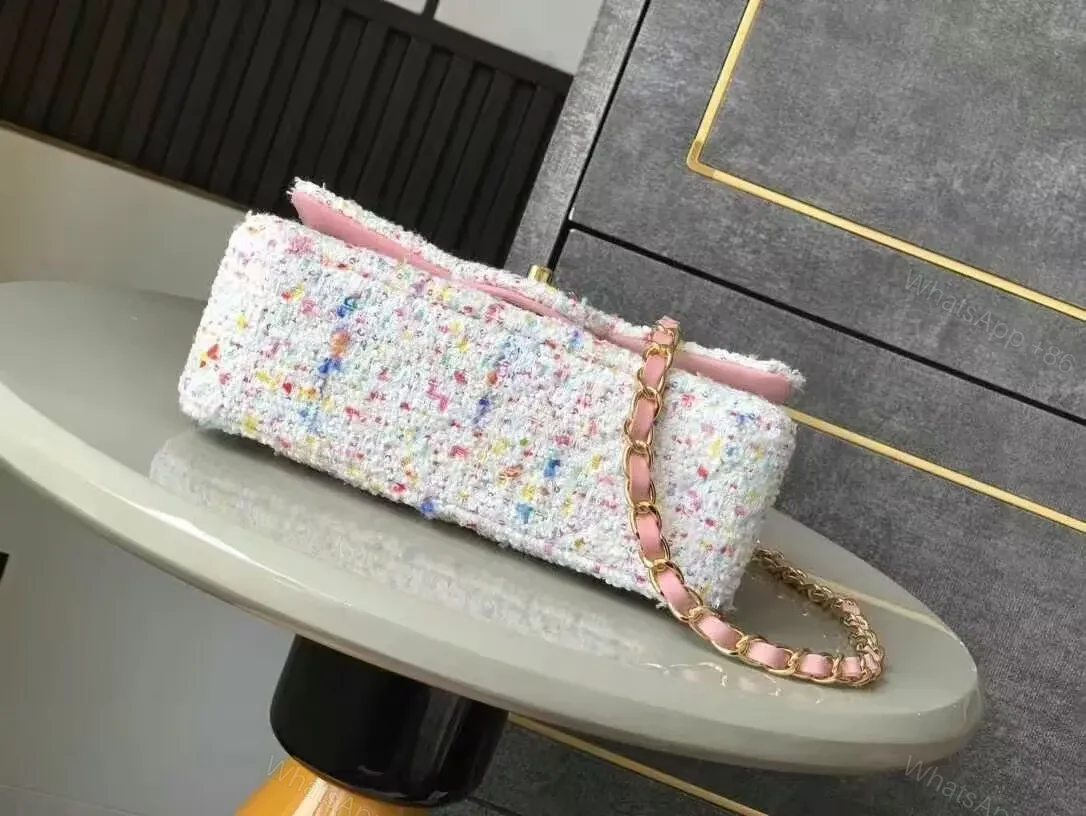 View 3 of Textured Tweed Flap Bag with Crystal Logo, Compact Luxury Bag