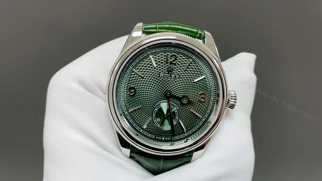 View 3 of Premium Rolex 1908 Green Guilloche Dial replica 39MM Green Leather Strap Edition RG-1908-52506-GREEN-GUILLOCHE-LEATHER