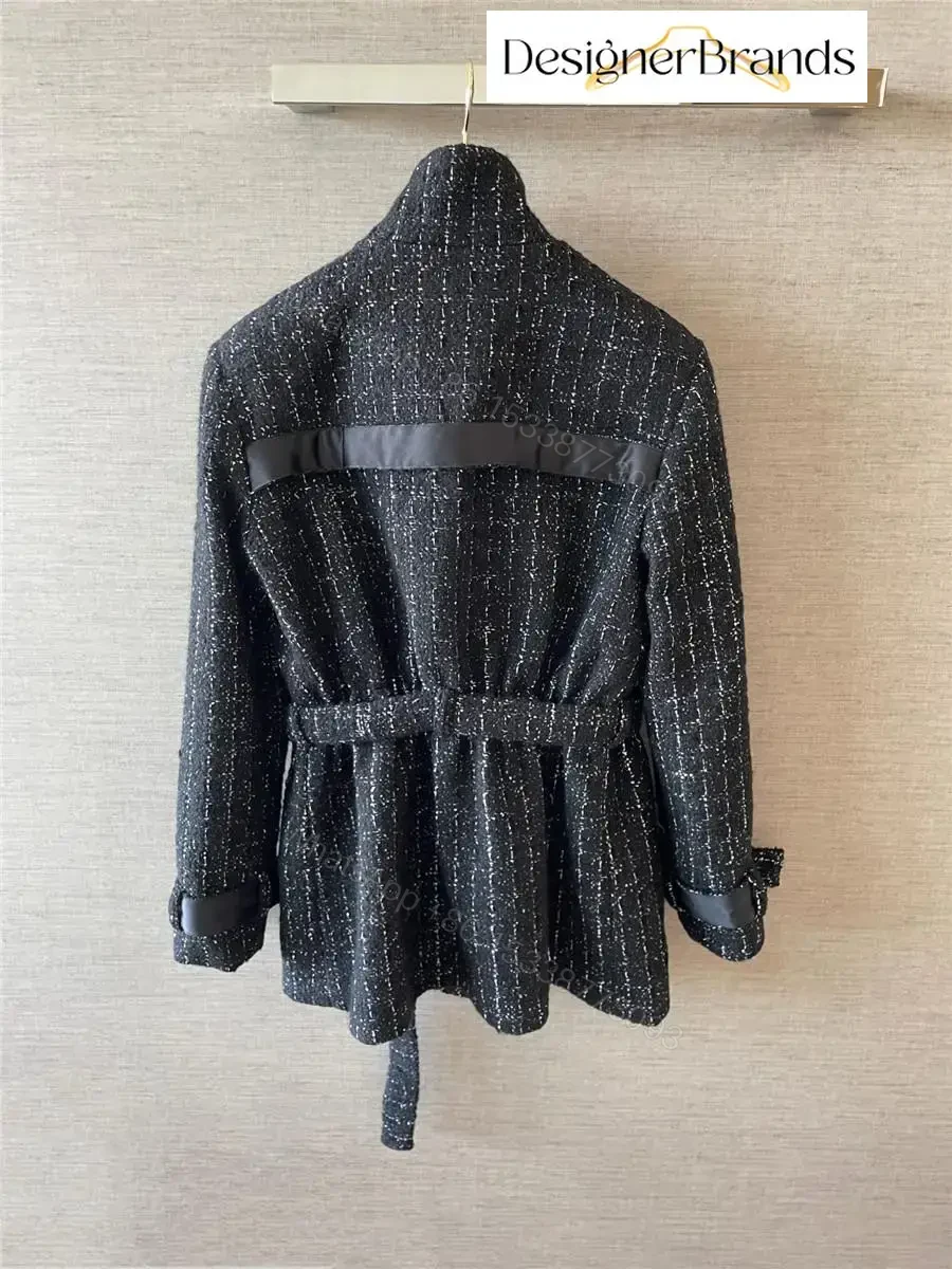 View 7 of Textured Tweed Belted Jacket with Metallic Accents