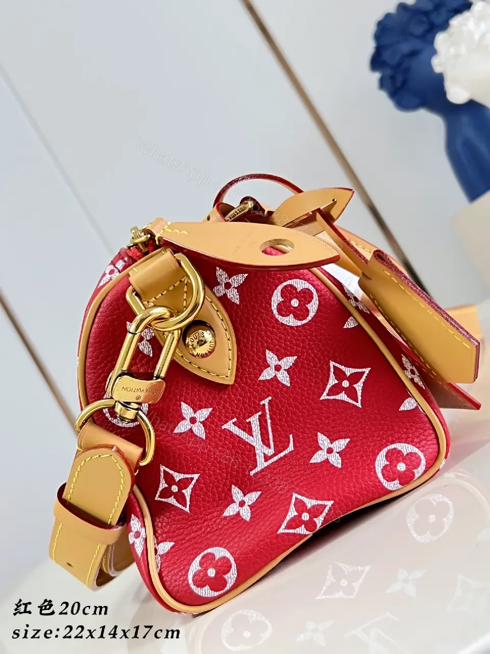 View 2 of Red & Beige LV Monogram Top-Handle Bag with Gold Hardware