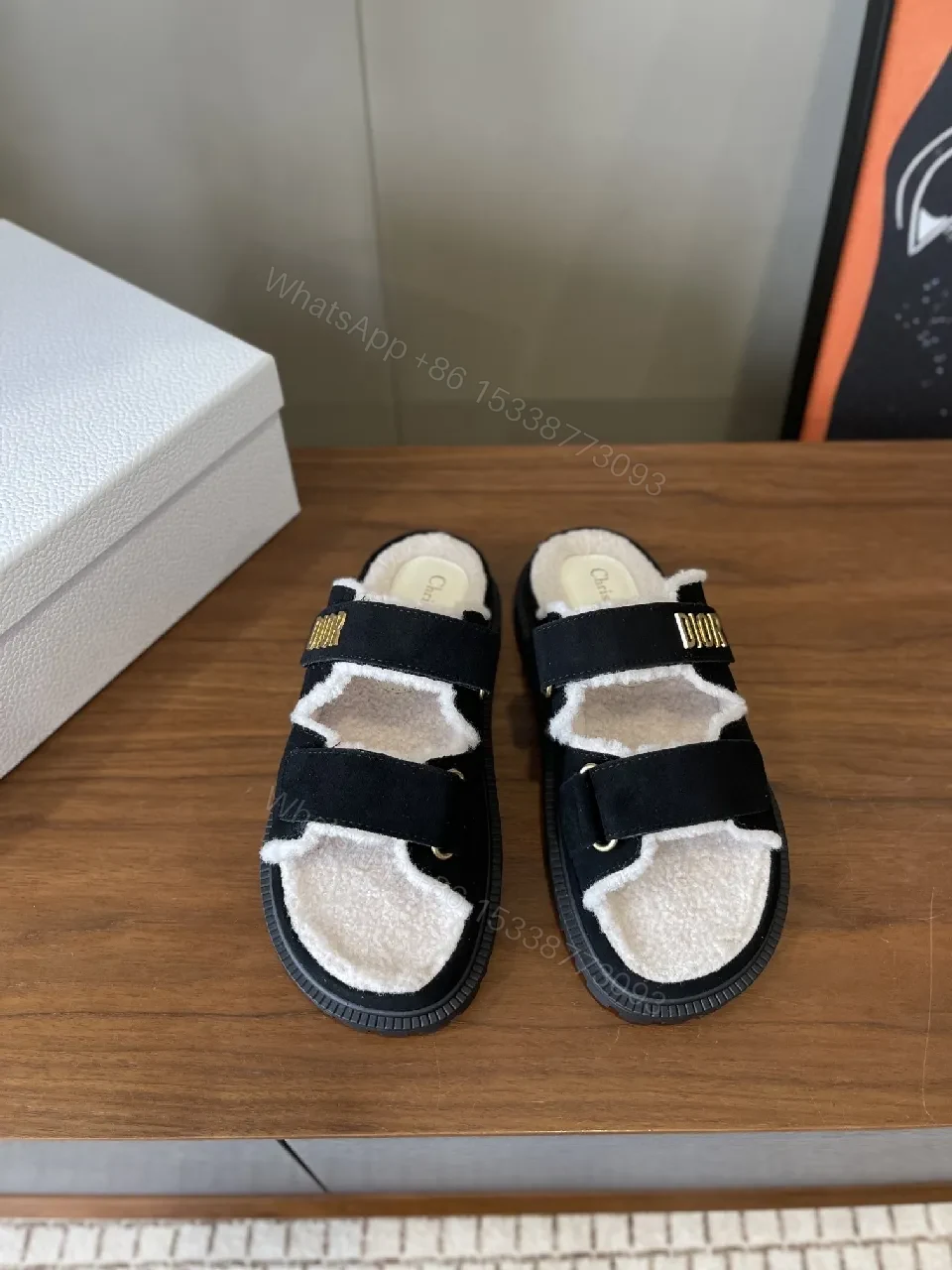 View 4 of Black/Sherpa-Textured Slides with Velcro Strap & Durable Outsole