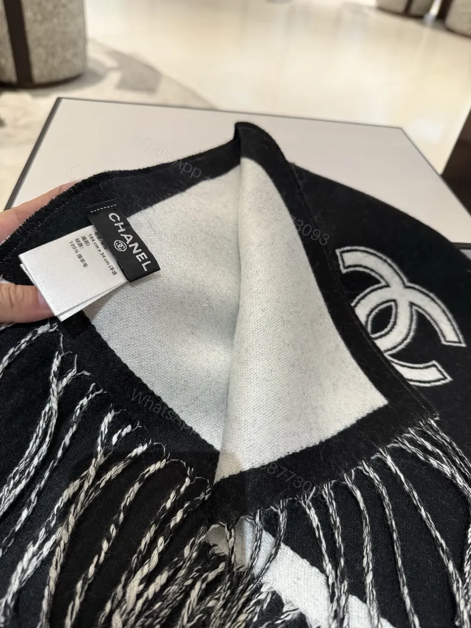 View 5 of Monochrome Knit Scarf: Two-Tone Luxe, Fringed Edge, Logo Motif