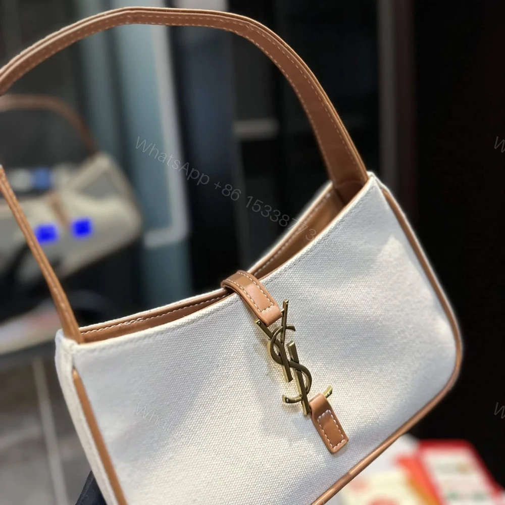 View 4 of Saint Laurent Le 5 À 7 Linen Canvas Hobo Bag White And Brown 25Cm 657228FAAVH