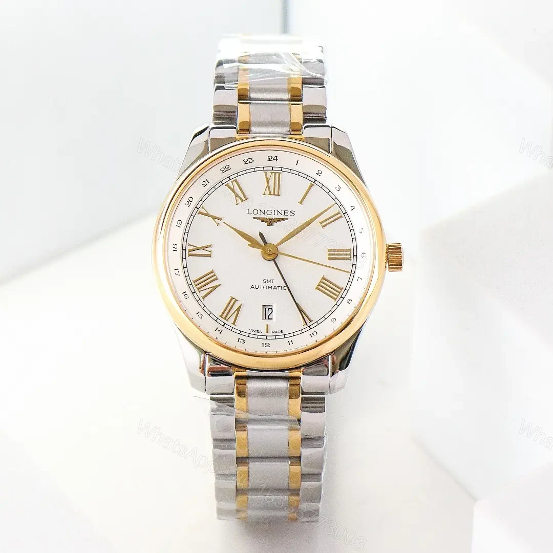 View 4 of Longines Master Classic Re Edition GMT Two Time Zone Watch White Dial Two Tone Stainless Steel and Rose Gold Bracelet 40mm Case Italian Grey Leather Strap Option