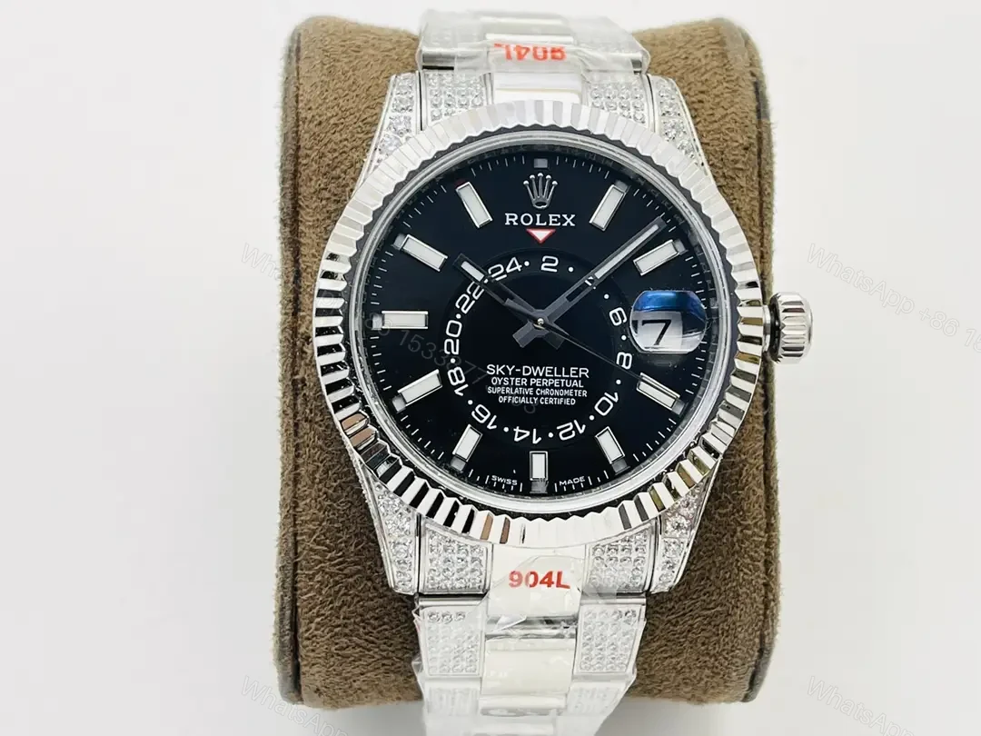 Fake Rolex Sky Dweller Diamond Best Black Dial Oyster Bracelet 42MM ROLEX-SKY-BLK-DIA-42 — view 1