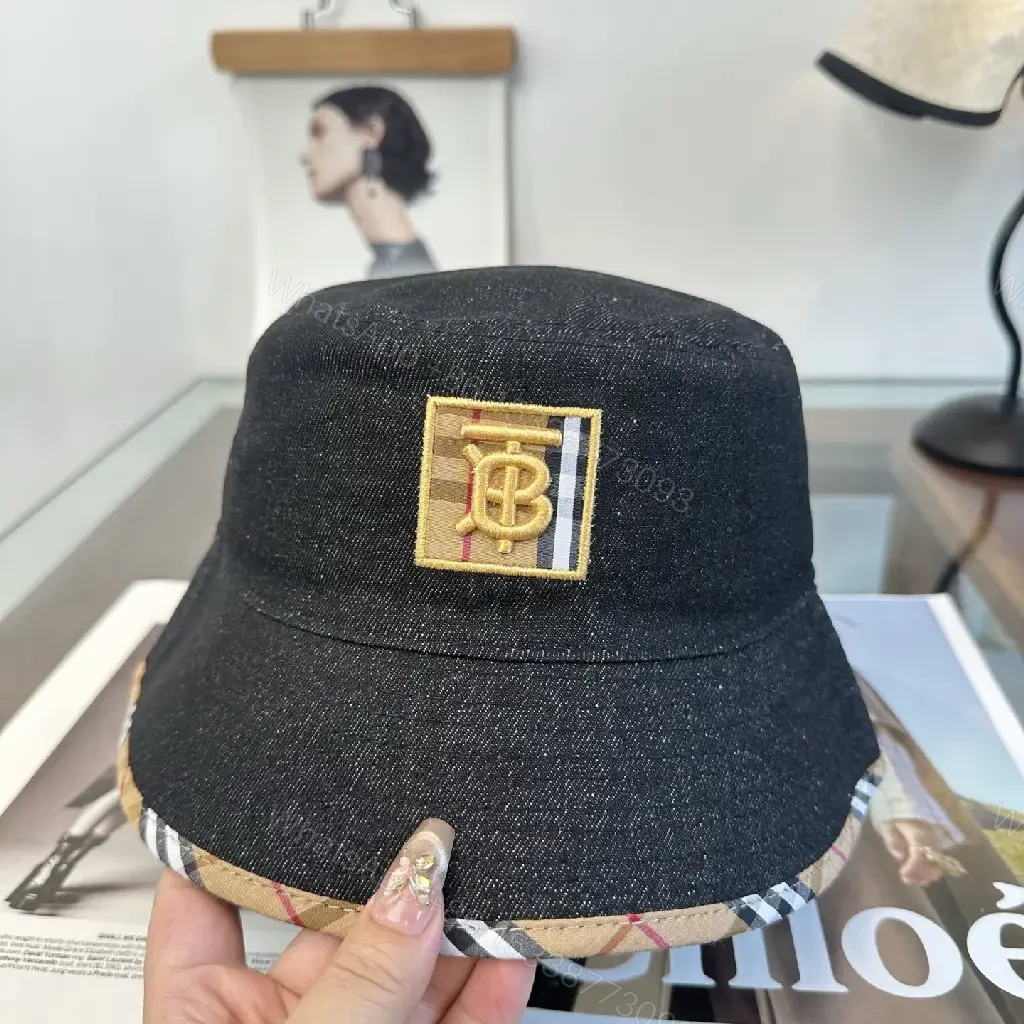 View 8 of Dark Black Denim Bucket Hat with Burberry-Style Band and Gold Emblem