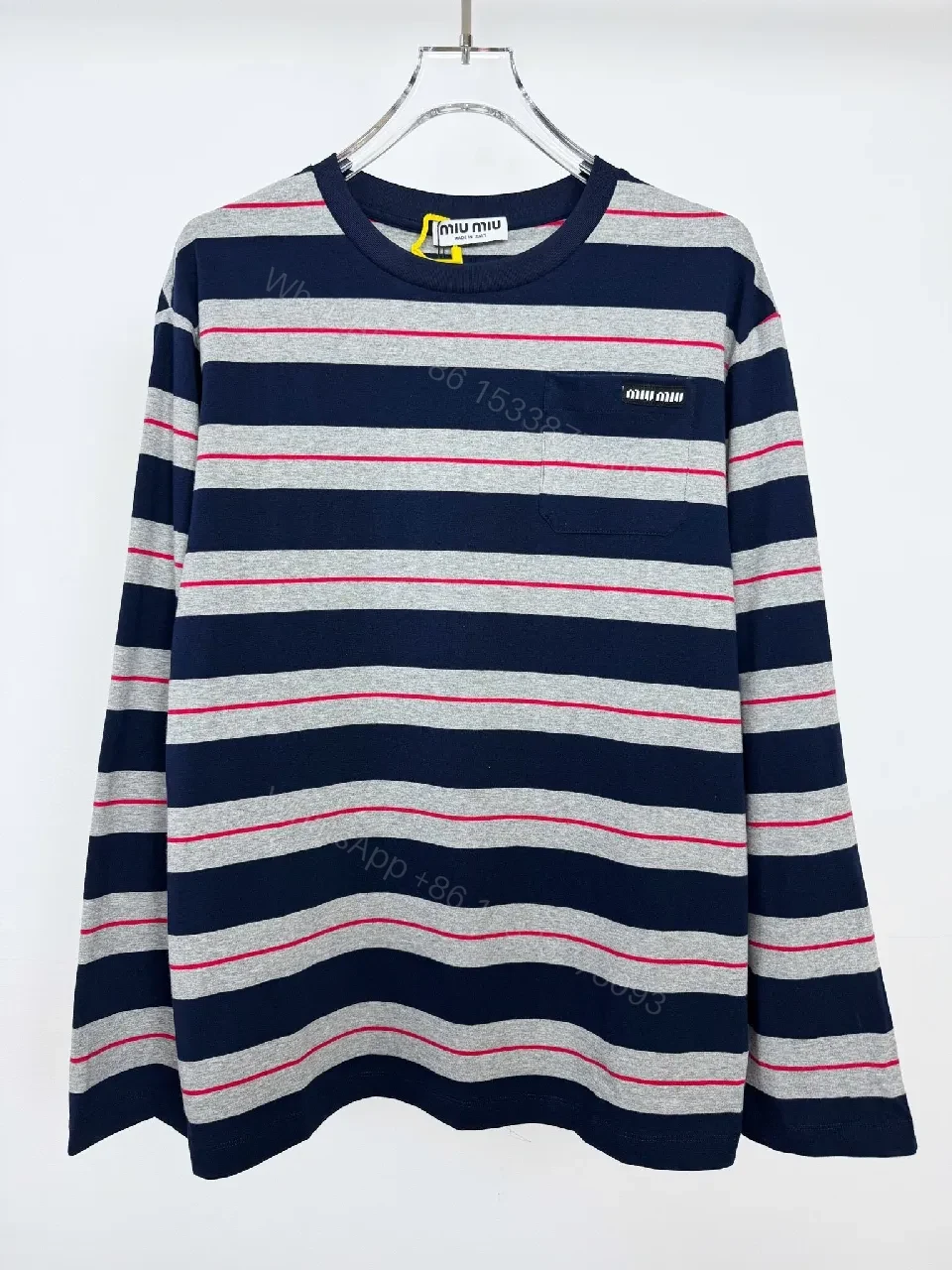 Navy Gray Stripe Knit Top with Red Accent, Relaxed Fit — view 1