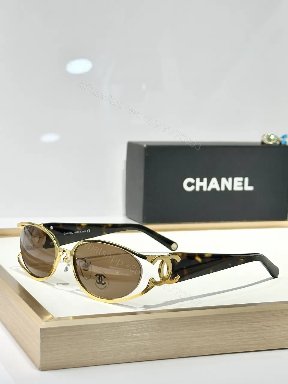 View 5 of Gold-Trim Round Sunglasses: Luxe Leather-Feel Frame, Gradient Lenses