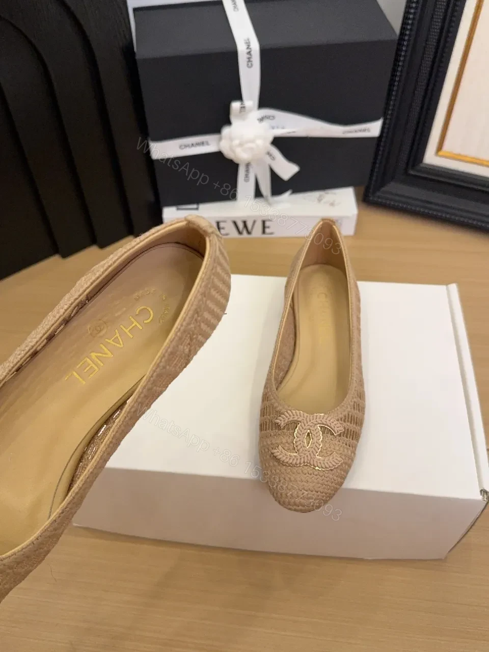View 5 of Beige Woven Ballet Flats with Logo Embroidery, Elegant Comfort