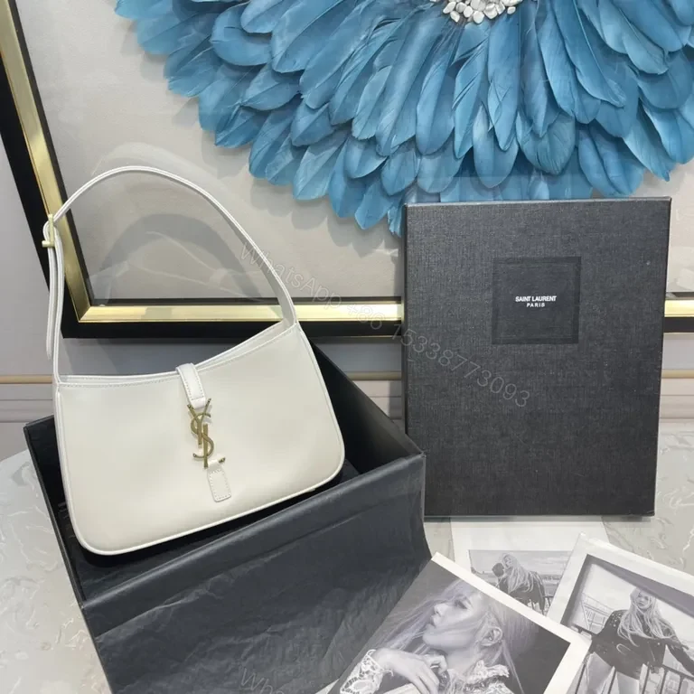 View 6 of Minimalist White Leather Handbag with Gold YSL Accent