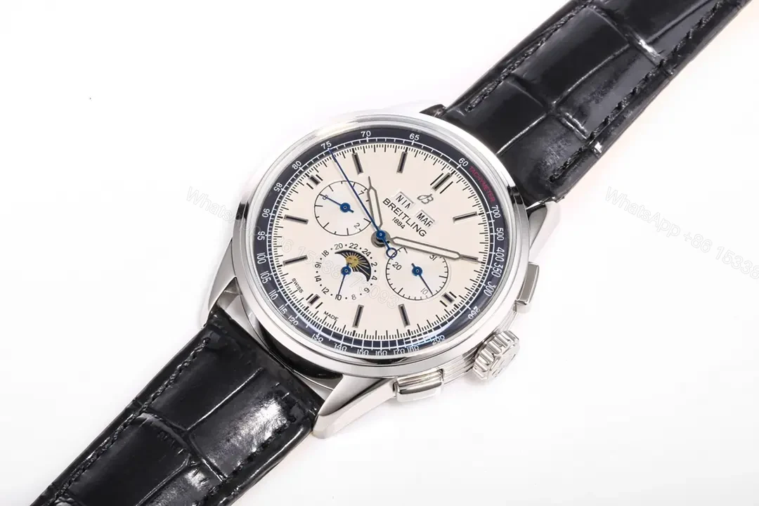 View 4 of V9 Factory Breitling Premier Series White Dial Black Leather Strap Chronograph Watch