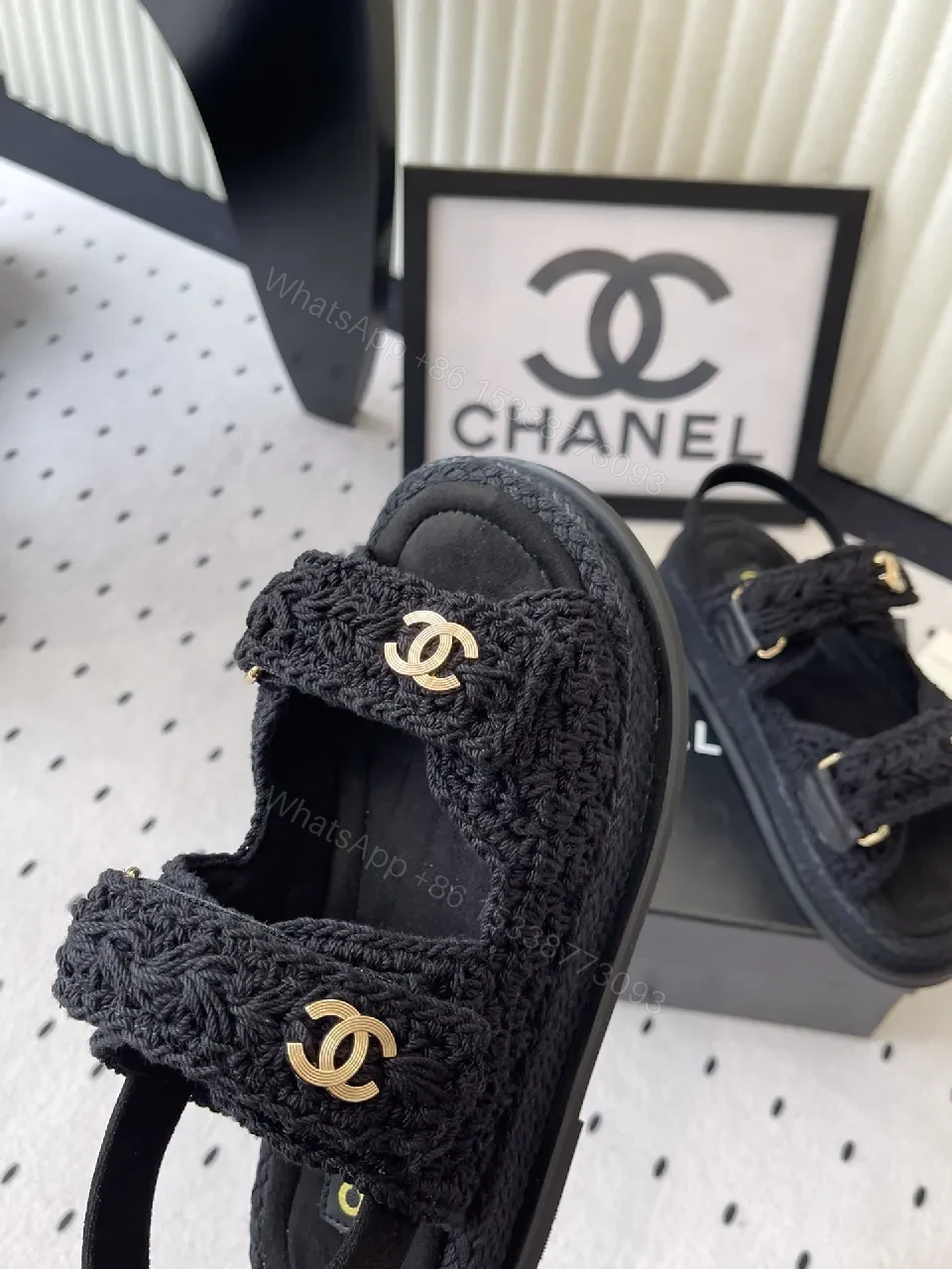 View 5 of Lux Knit Sandals: Black Knit + Gold Emblem, Open-Toe Comfort