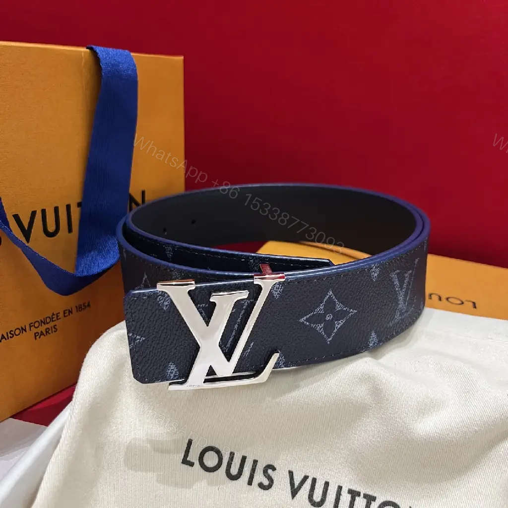 View 3 of Dark Blue/Black LV Patterned Canvas Belt with Bold Oversized Monogram Buckle