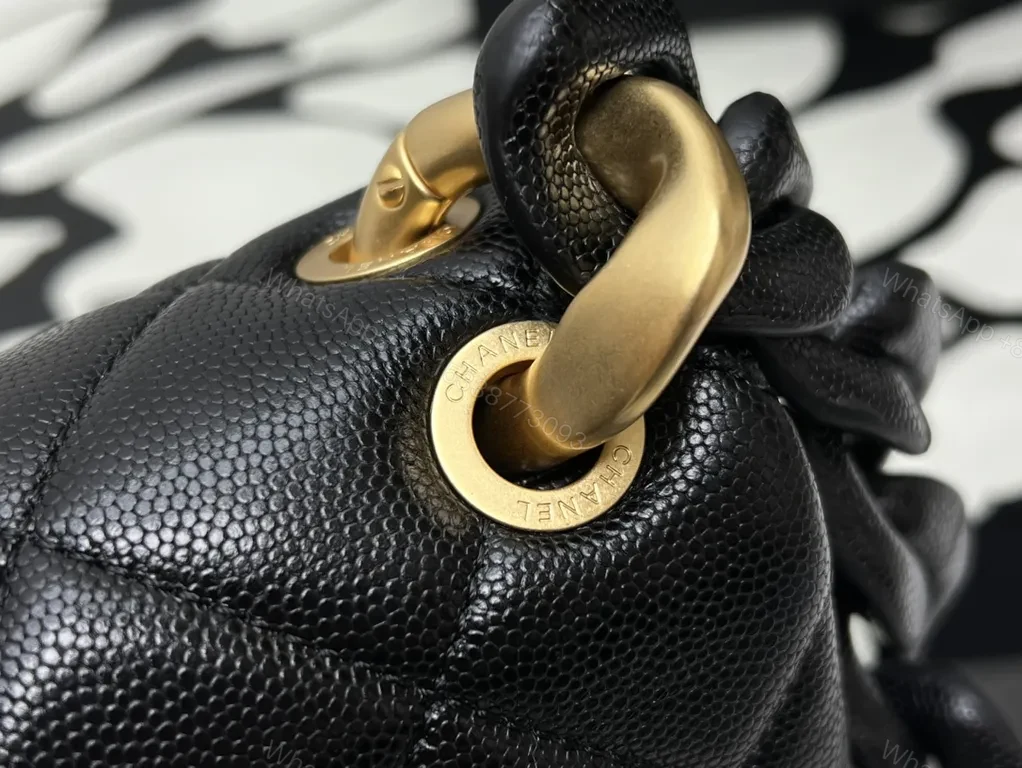View 2 of Compact Quilted Black Flap Bag with Gold Hardware, Chain Carry