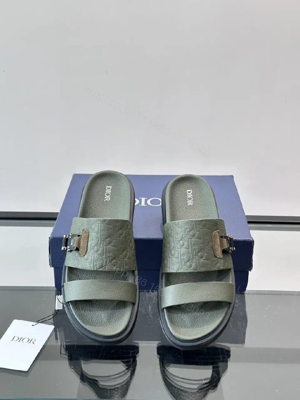 View 2 of Olive Green Embossed Leather Sliders Sandals
