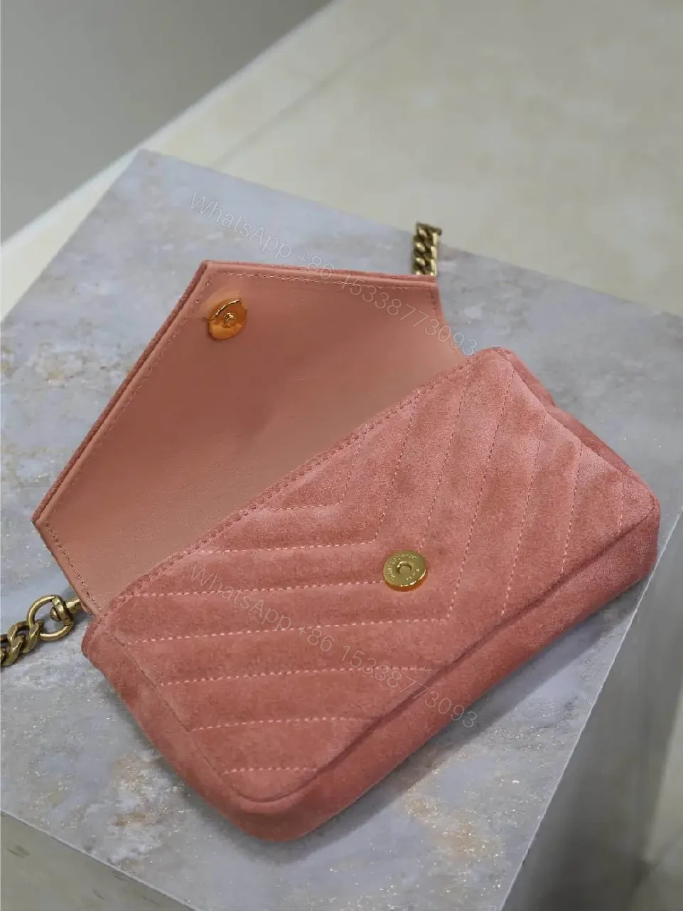 View 3 of Dusty Velvet Crossbody Bag with Gold Monogram Hardware - Modern Chic