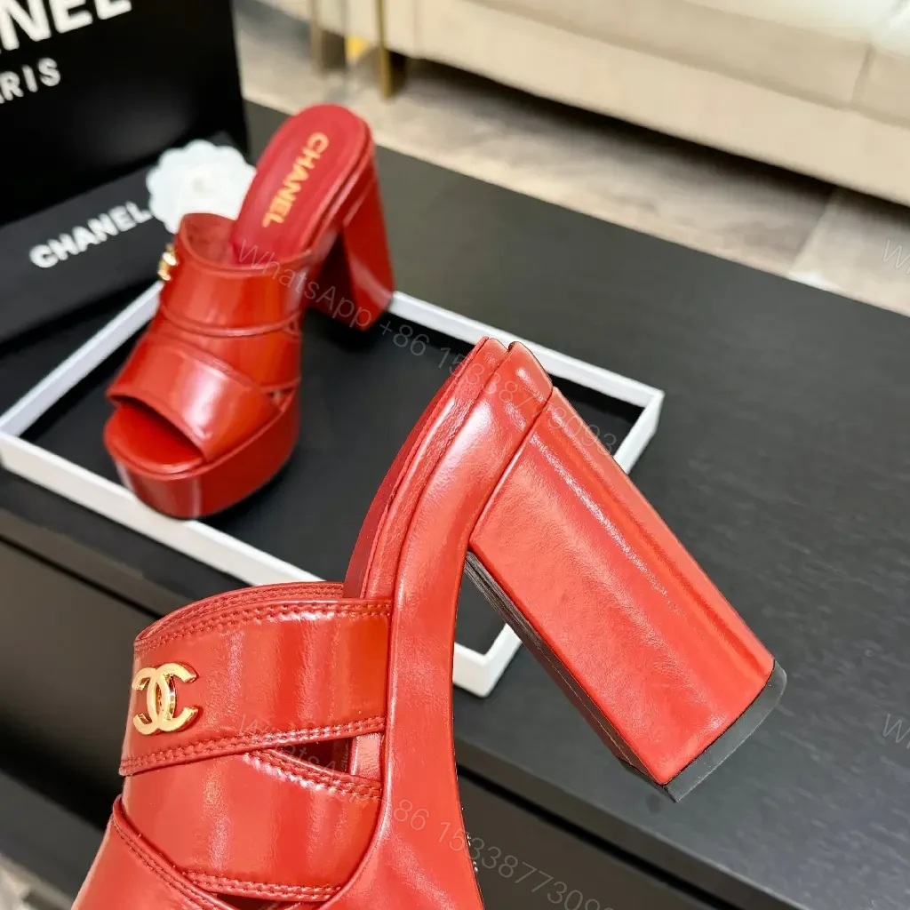 View 9 of Bold Red Platform Mules with Gold Logo Hardware
