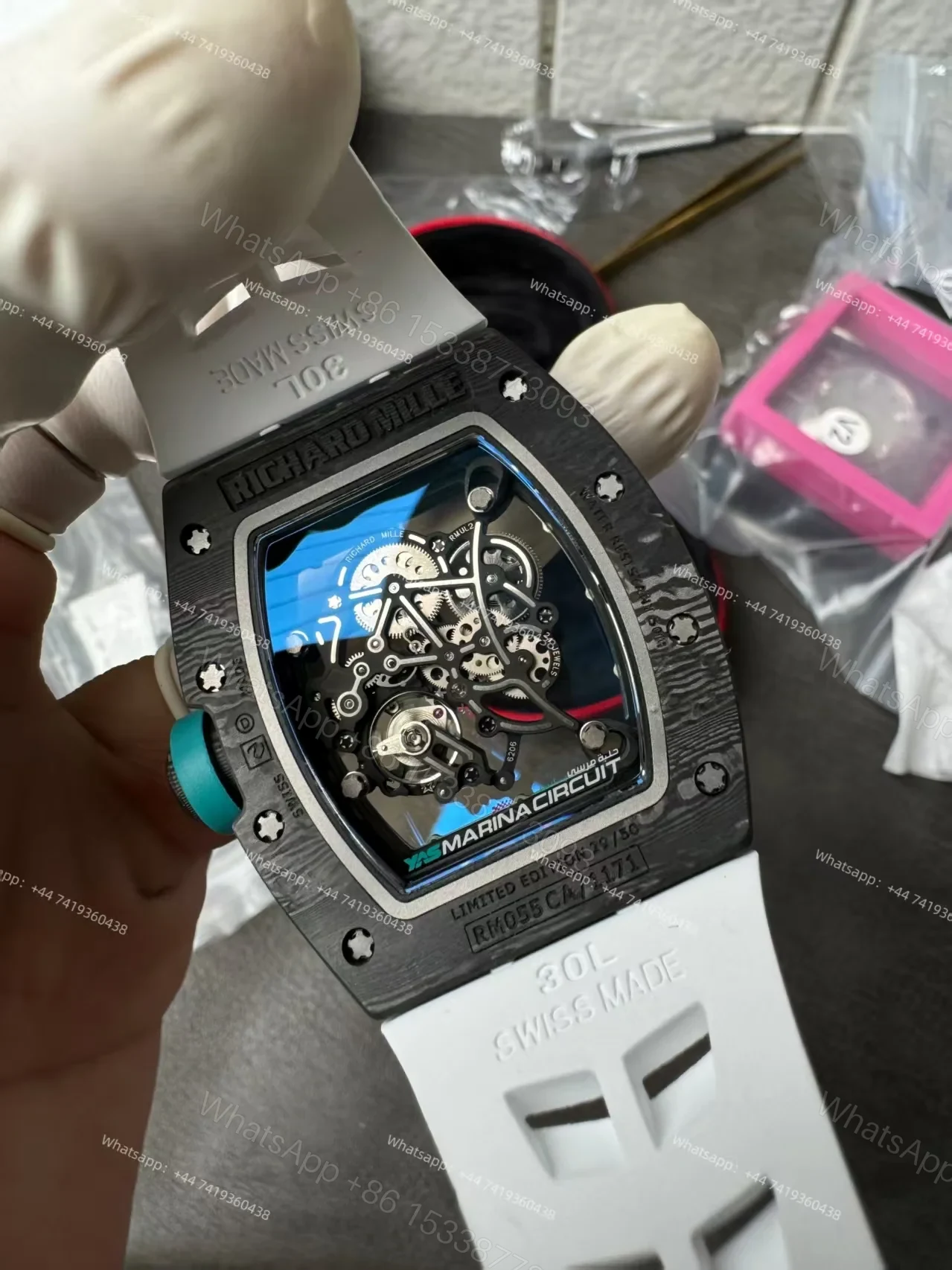 View 3 of Richard Mille RM 055 “Yas Marina Circuit” Carbon TPT Vaucher Free-Sprung White Rubber Strap Custom Super Clone