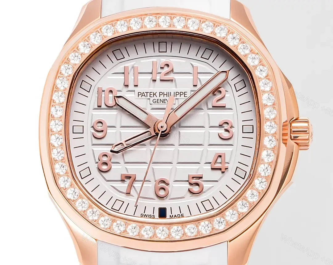 View 4 of Patek Philippe Aquanaut Luce 5268 Series Watch Rose Gold with Diamond Bezel White Rubber Strap Modern Casual Elegant Style