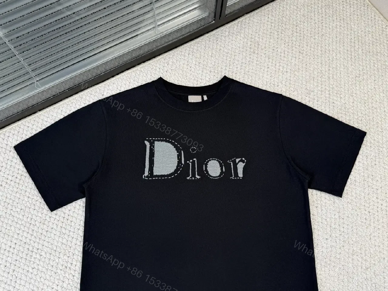 View 6 of Black Cotton Dior-Inspired Logo Tee, Minimalist Luxe, Crewneck Top