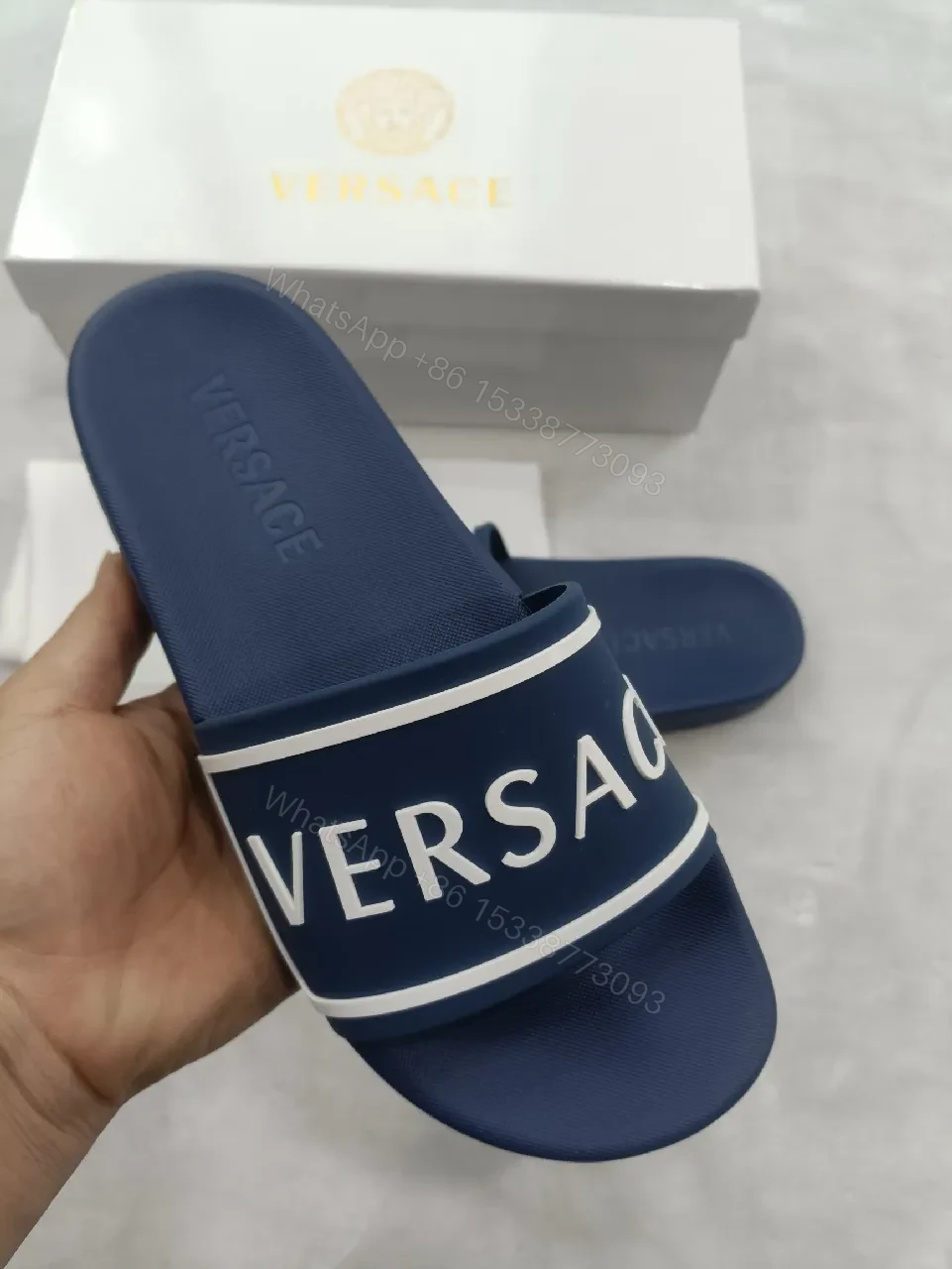 View 8 of Bold Navy Leather Slide: Luxe Logo Strap Comfort Slides
