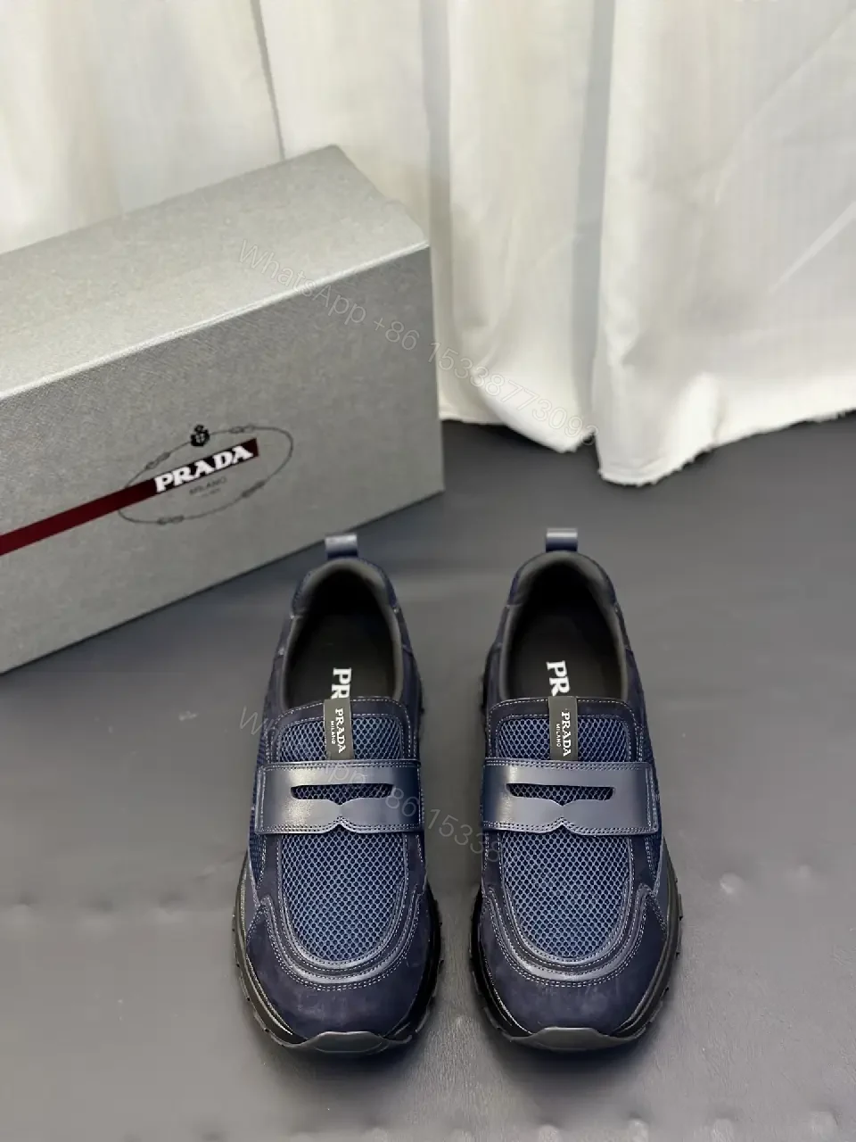 View 2 of Blue Mesh Slip-On Prada-Style Sneaker with Hook-and-loop Strap