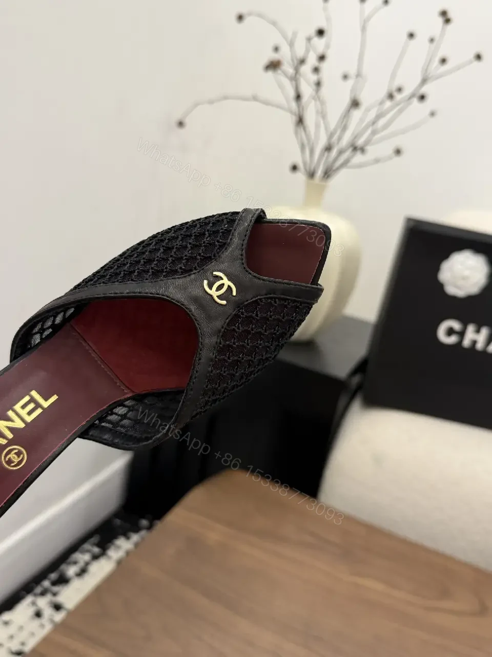 View 10 of Black Mesh Leather Mule Chanel Style Heels