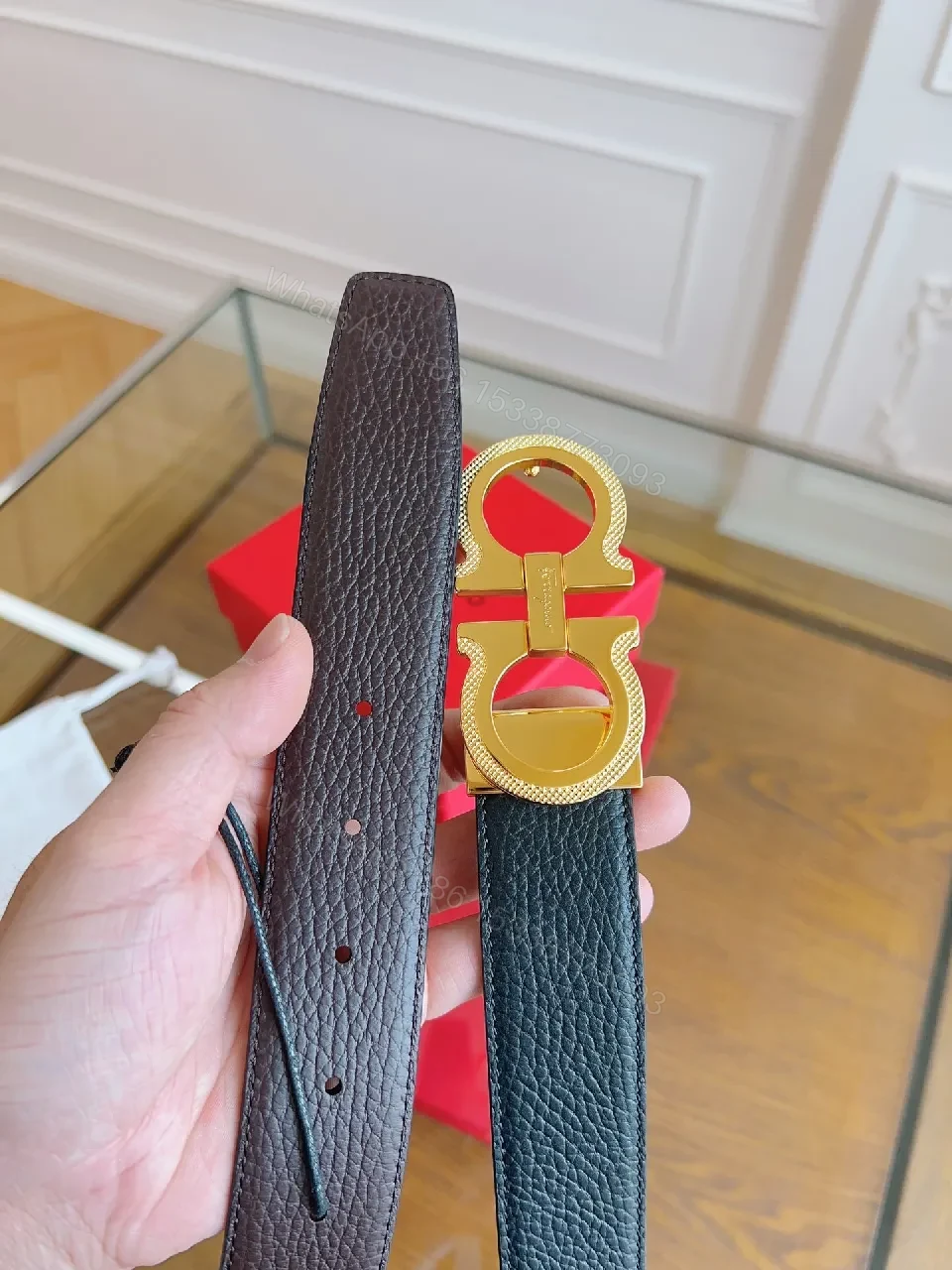 View 4 of Black Leather Belt with Gold Gancini Clasp, Luxe Classic Style, Adjustable