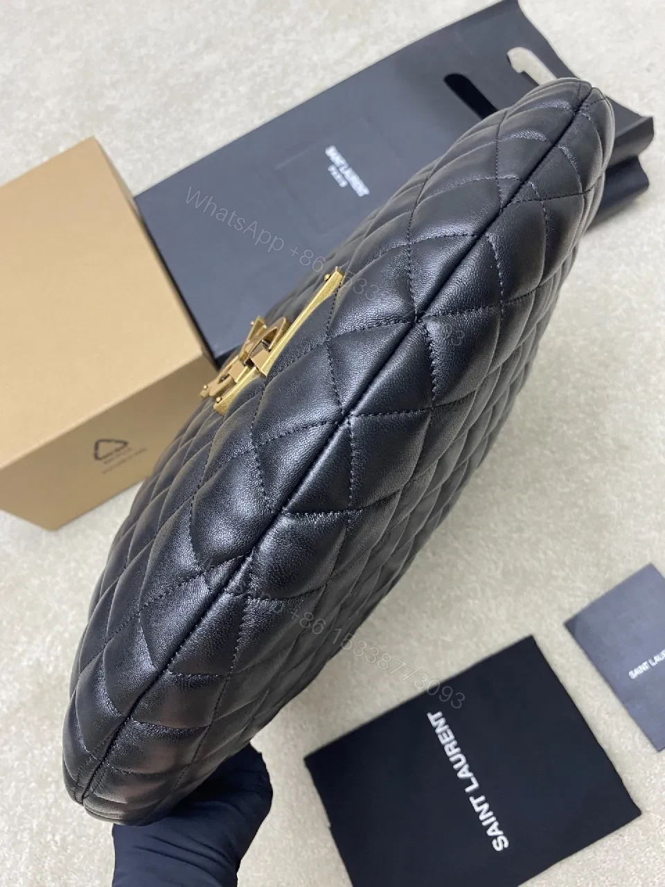 View 5 of Quilted Leather Hobo Bag with Gold Hardware Emblem