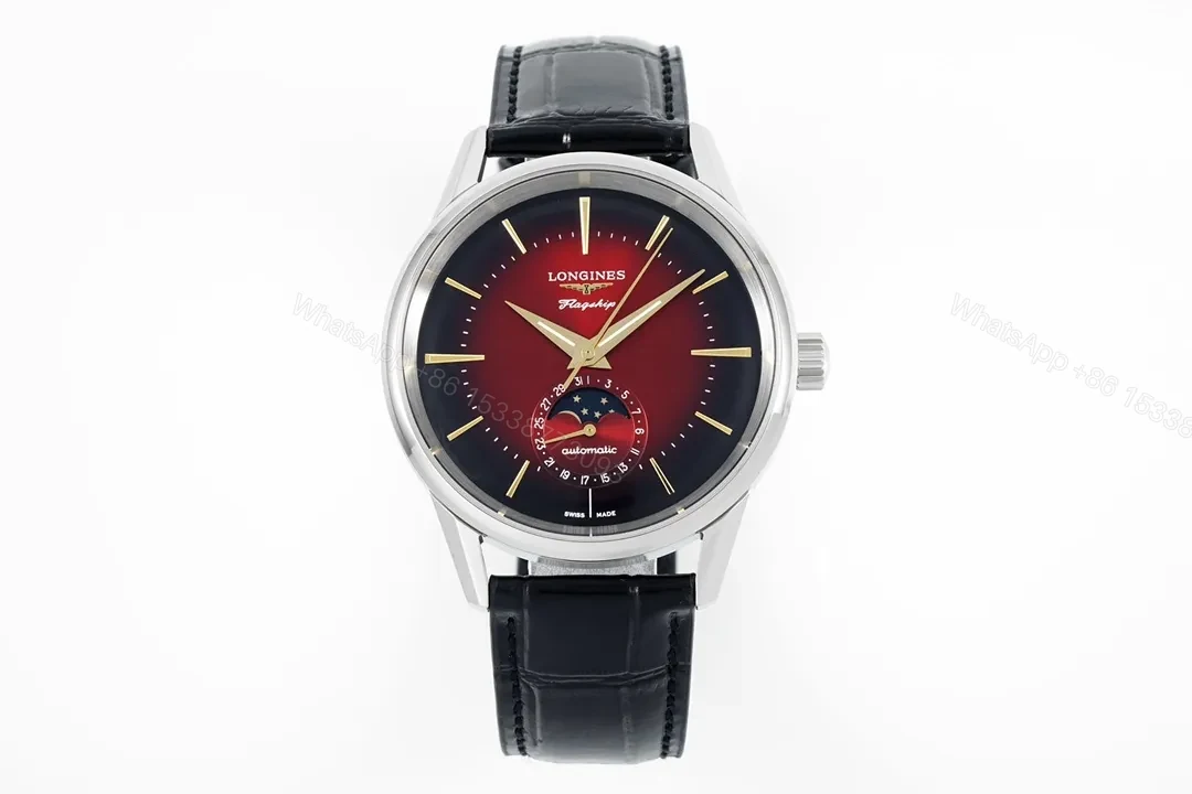 Longines Flagship Classic Red Dial Moon Phase Automatic Watch with Black Leather Strap — view 1