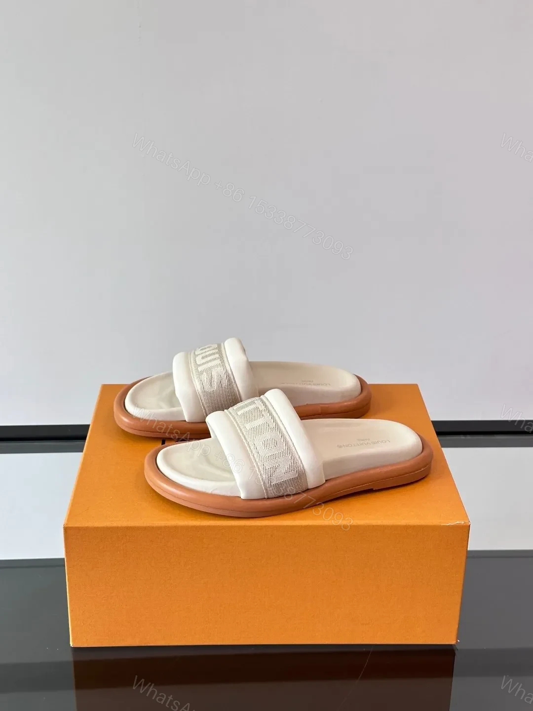 View 3 of LV Men Beige Fabric Slides With Brown Sole