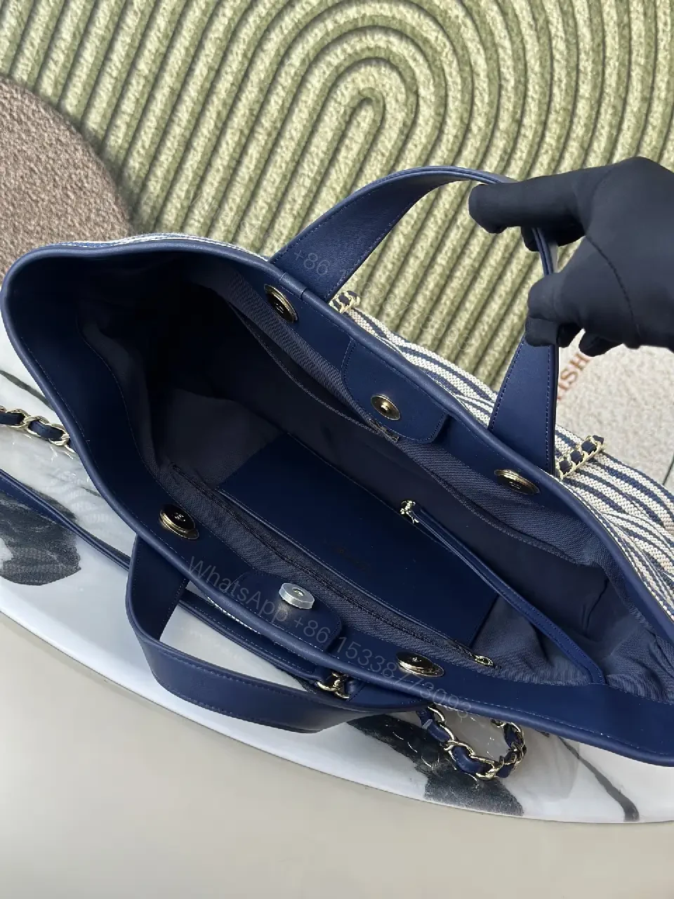 View 4 of Navy Stripe Woven Tote Bag with Leather Accents and Chanel Logo