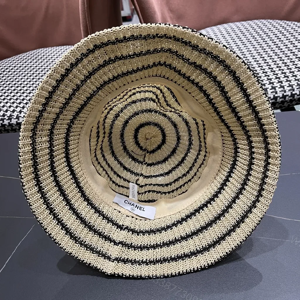 View 3 of Straw Hat: Striped Beige/Black, Chanel-Inspired Luxe